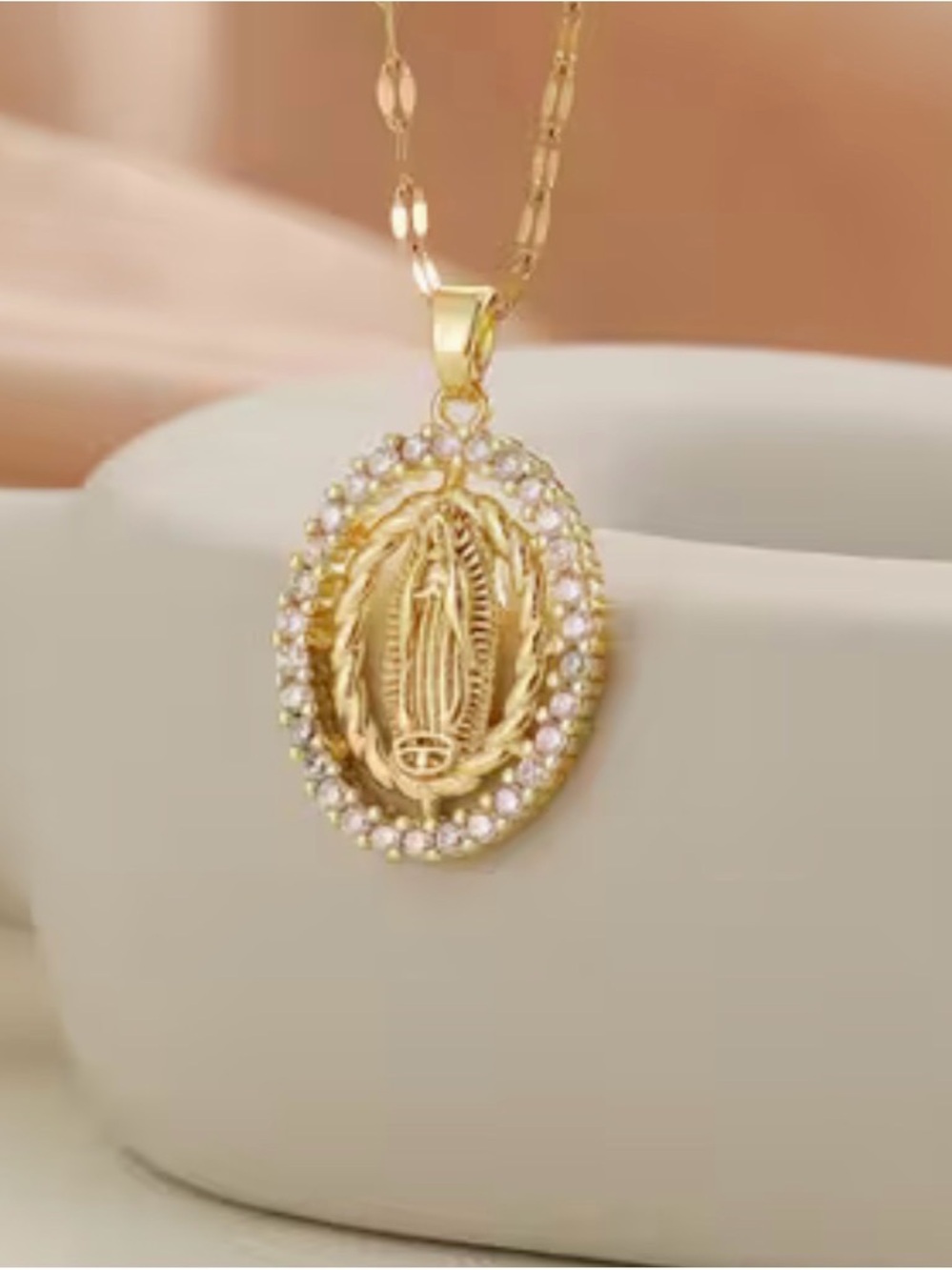 Gold-Tone Virgin Mary Pendant Necklace - Layered Style